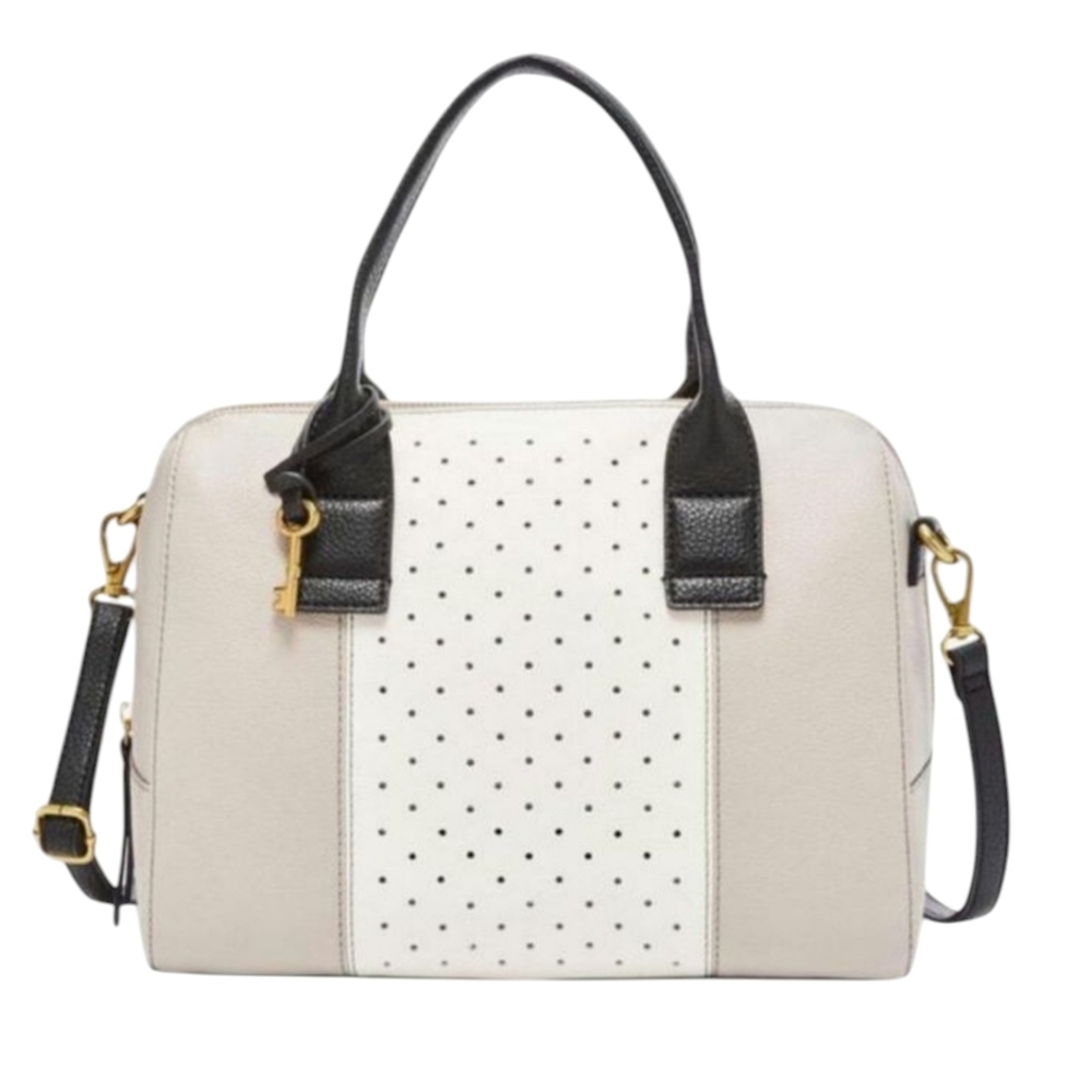 Classic Two-Tone Perforated Satchel Bag - Black & Cream
